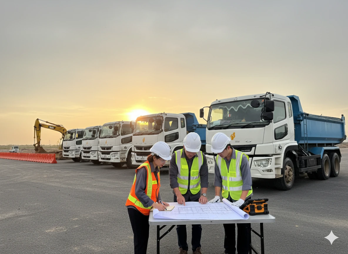 Team reviewing plans beside company fleet